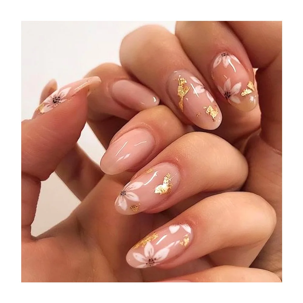 Beauty Fake Nails Flower Pre Painting Short Almond Shape Nude Clear Reusable Installation Handmade Press On Nails
