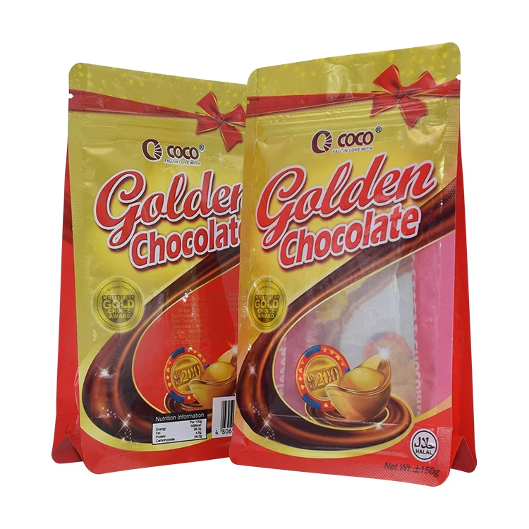 China plastic manufactured eight side-sealed box pouch or flat bottom bag with gusset for chocolate snacks