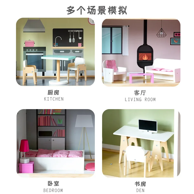 2024 New Arrival Baby Pink Wooden Pretend Play House Princess Villa Game Educational Role Play Gift Toys For Girls