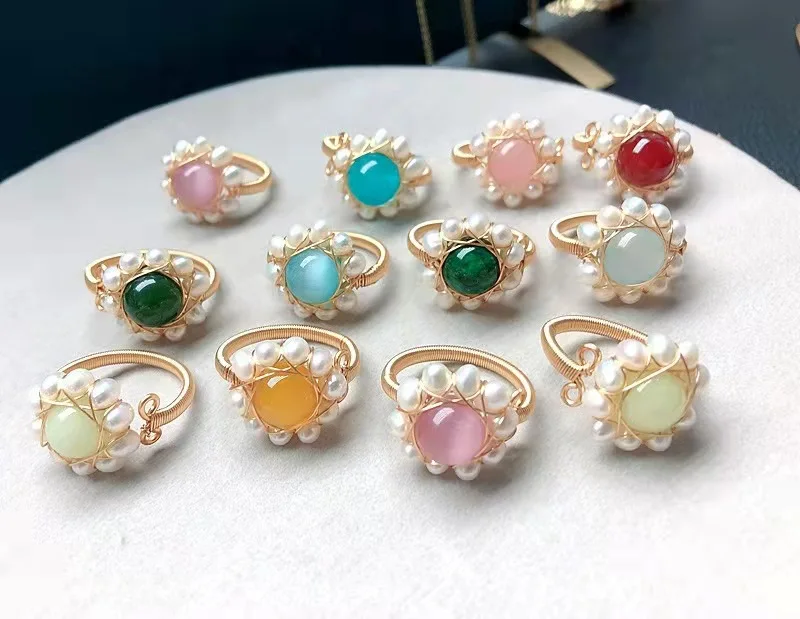 Ручная работа 14K позолоченные жемчужины исцеляющий Кристалл Камень Нефритовая проволока бисерные кольца регулируемые открытые пальцы ювелирные изделия