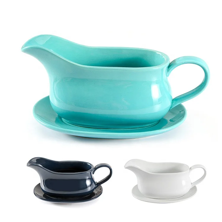 Custom logo ceramic juice bucket creamer gravy boat ceramic sauce boat with saucer