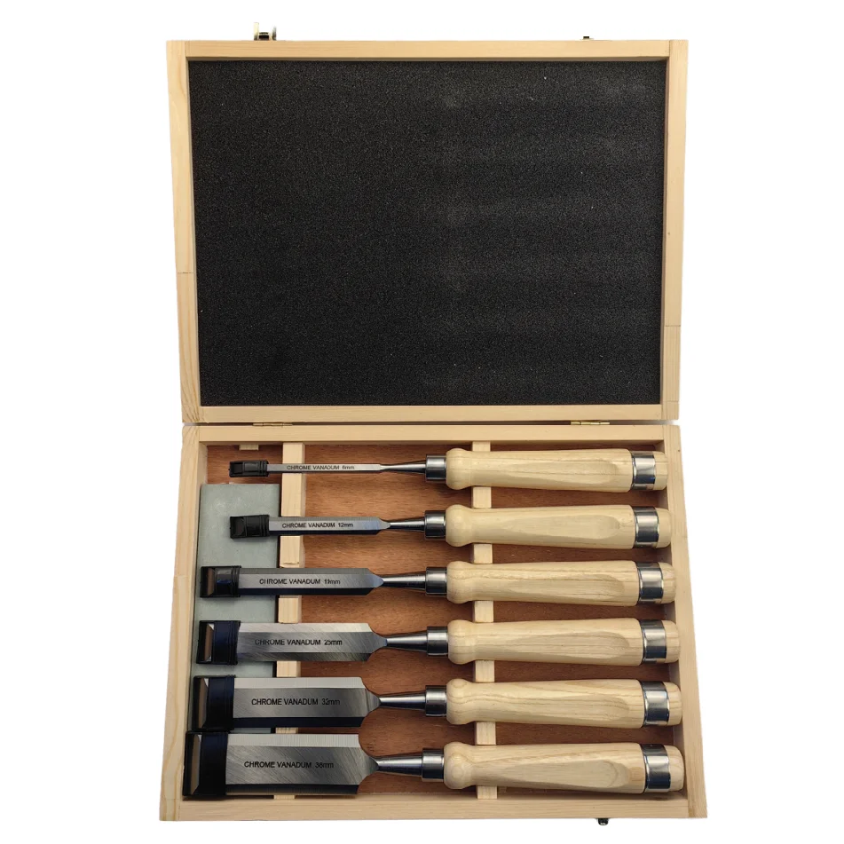 Heavy-Duty Customized Logo 6-Piece Woodworking Chisel with 1 whetstone Set Straight Tip Chisel Beech Handle for DIY Wood Work