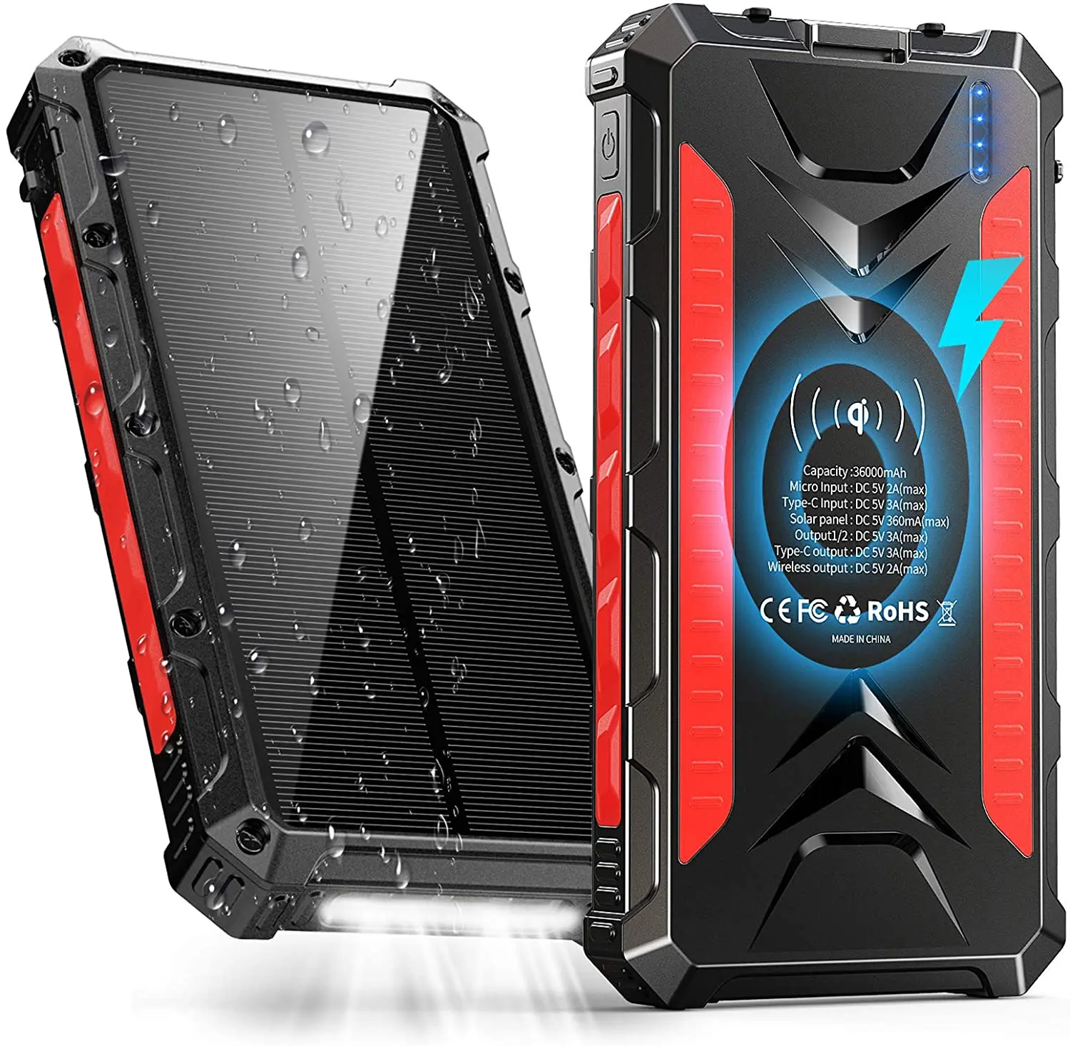 Портативный беспроводной водонепроницаемый внешний аккумулятор на солнечной батарее Qi 36000 мАч, зарядное устройство на солнечной батарее с аварийным источником питания