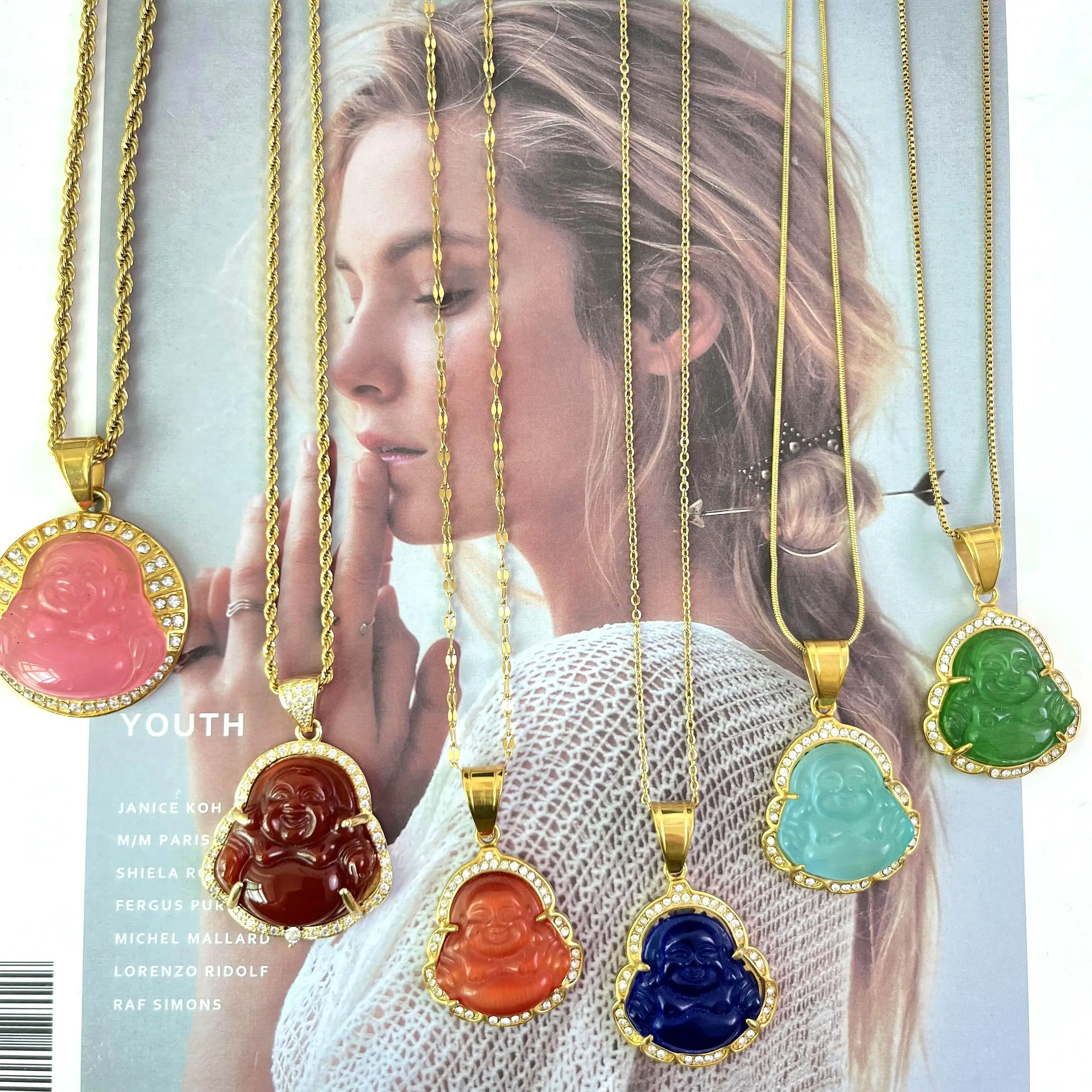 Classic Style Natural jadeite Maitreya Buddha Diamond Pendant Stainless Steel Chain Copper  Necklace for Daily Decoration