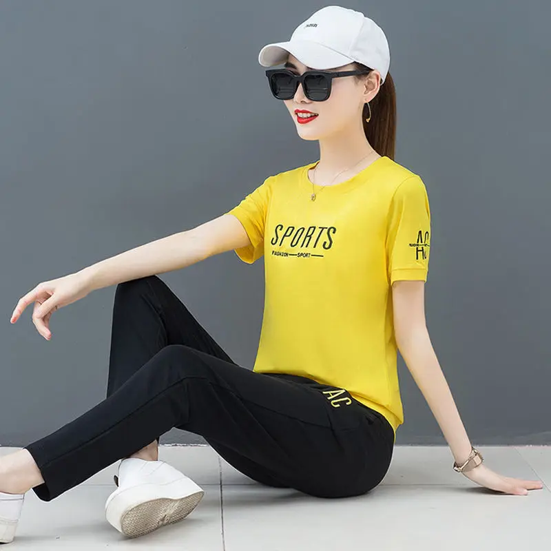 
Summer sports suit 2021 new spring loose fashion ladies short-sleeved casual two-piece suit suits salwar kameez long sleeve 