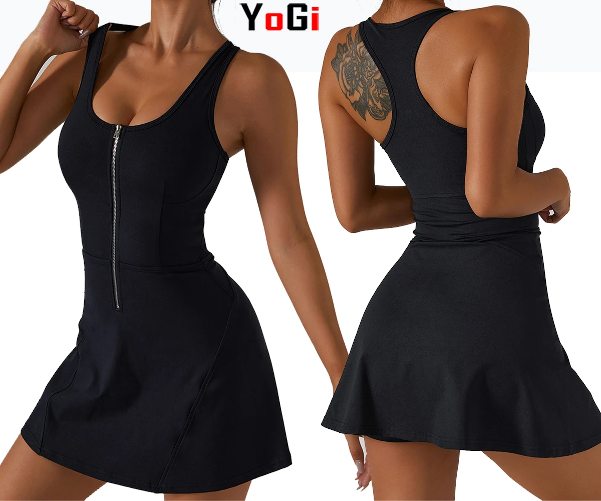 High Quality Women Girls One Piece Zip Sportswear Beach Exercise Golf Workout Jumpsuit Yoga Tennis Dresses With Shorts With Bras