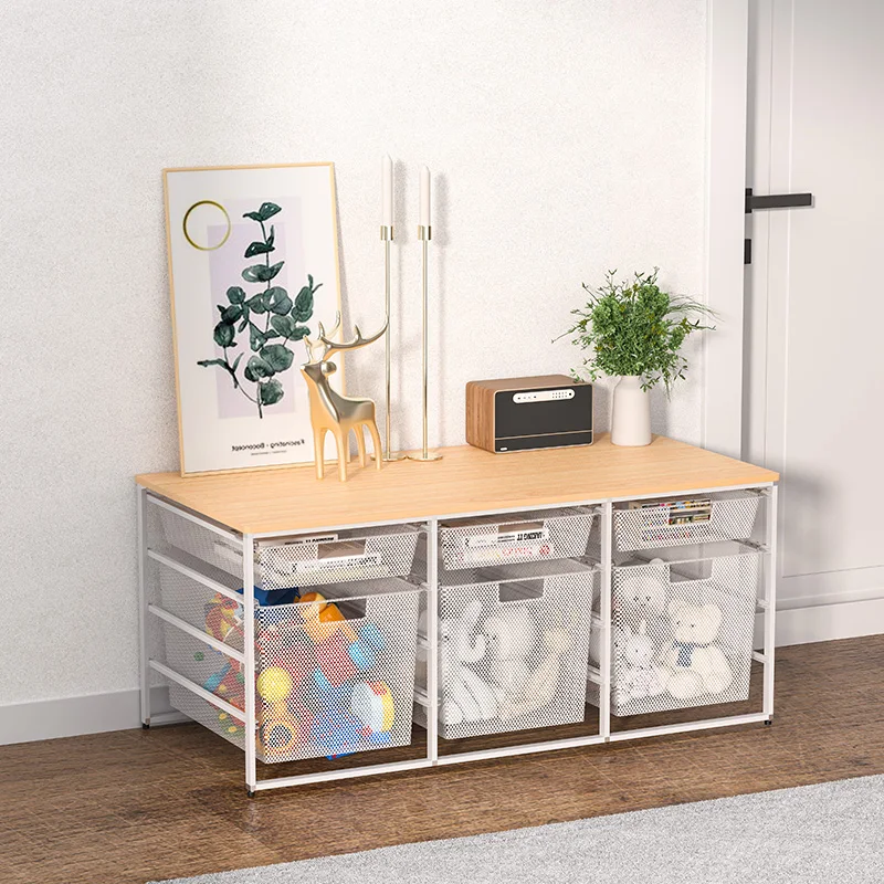 WIREKING Wholesale MDF Top End Table Combination Storage Drawer Carts Rolling Cart with 3 mesh drawers for Bedroom