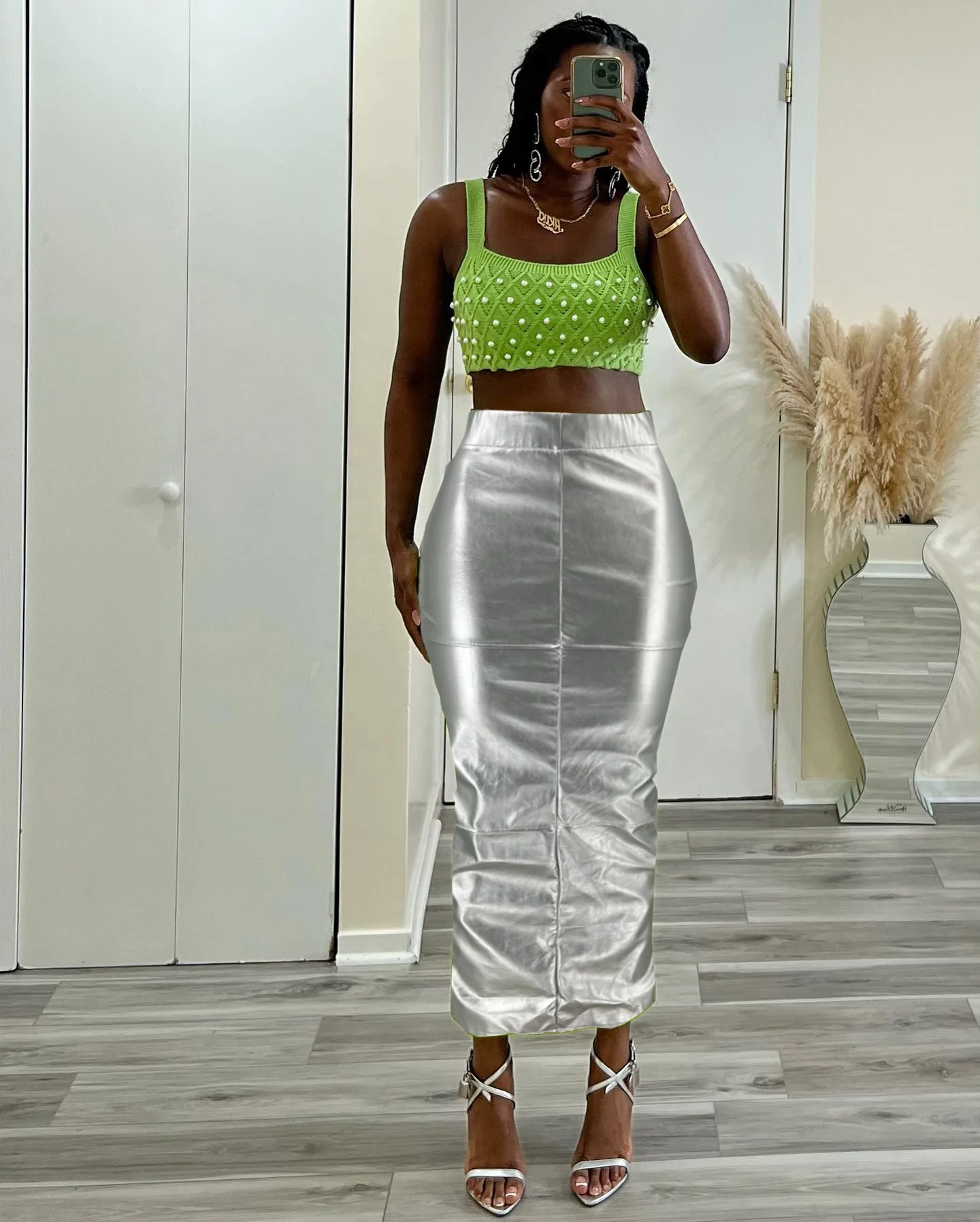 Silver Pink Black Elastic Waist Sexy Straight Long Skirt Lady Boutique Clothing Fall Winter PU Leather Skirts With Split Slit