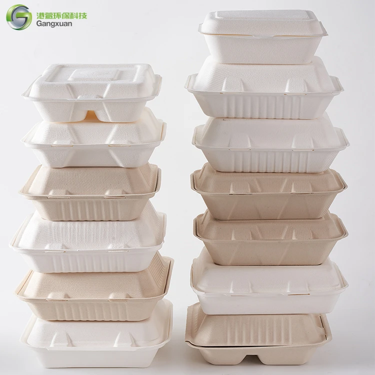 Custom Eco Friendly Biodegradable Sugarcane Boxes Bagasse Food Container Disposable Tableware Clamshell Takeout Lunch Food Box