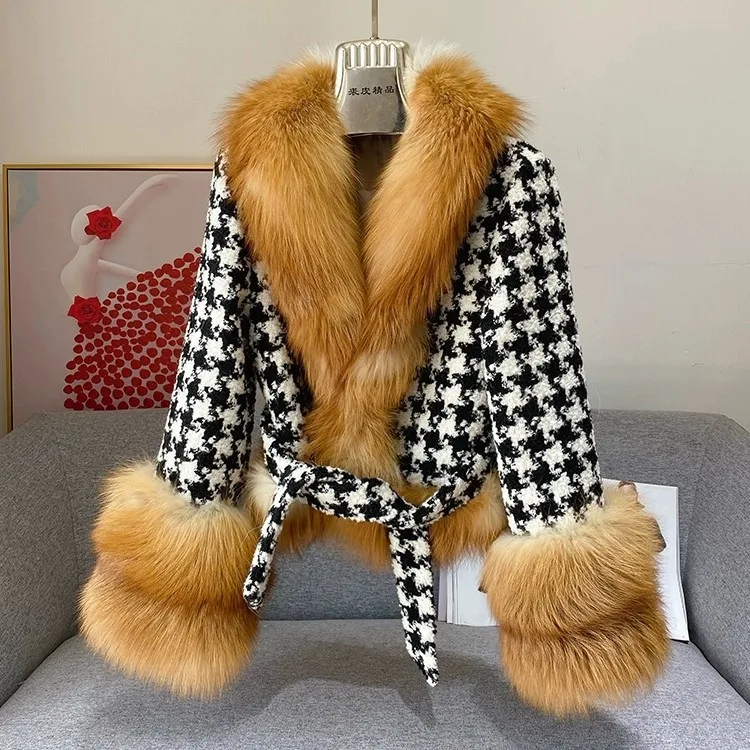 Winter Clothing Ladies Fashion Classic Houndstooth Short Slim Cashmere Women Wool Coat With Real Fox Fur Collar