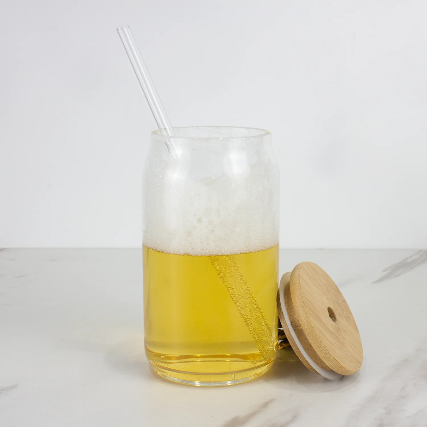 US Warehouse Wholesale Custom Logo Libbey 16oz Bamboo Lid with Straw Beer Can Beer Glasses Soda Cup Can Shape Glass