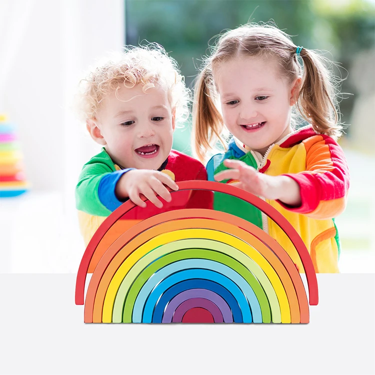 Wooden Rainbow Stacker 12 Pcs Nesting Blocks Puzzle Montessori Stacking Game Educational Toys for Toddlers
