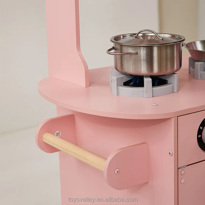 Pink pretend wooden play kitchen toy set for girls
