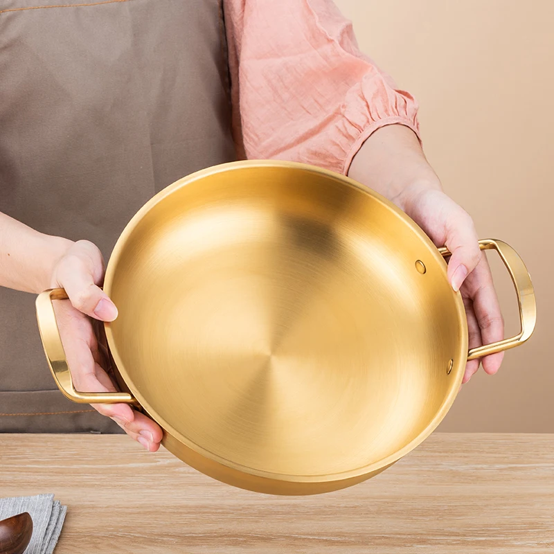 Drop Shipping Korean Double Handle Hot Pot Japan Ramen Pot Seafood Pot Gold Paella Pan Stainless Steel Noodle Pan