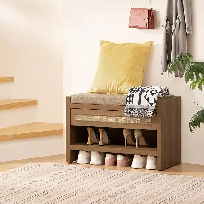 Rattan Shoe Cabinet Entryway Cabinet with Storage Drawer and Linen Seat Cushion for Entryway Hallway and Bedroom