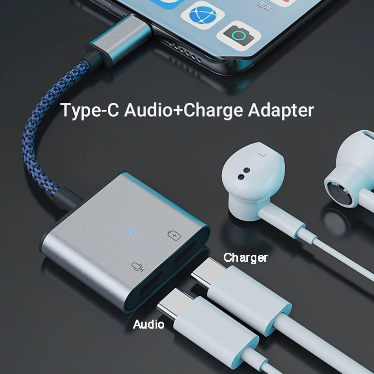  type-c 2 in 1 adapter with indicator light 60W PD fast charging audio port usb-c to