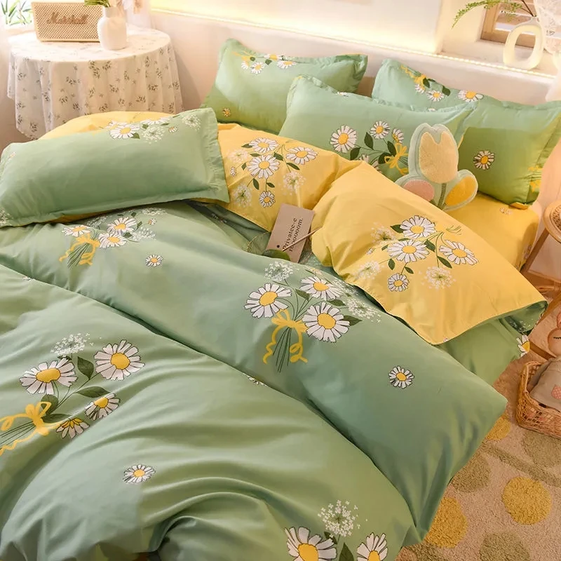 Lovely Double Side Solid Color Flat Fitted Comfort Bed Sheet Pillowcase Comforter Teenage Duvet Set