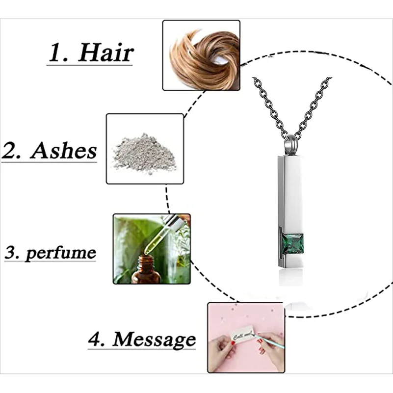 Personalized Memorial Keepsake Custom Stainless Steel Birthstone Cubic Zirconia Bar Pendant Urn Necklaces for Ashes
