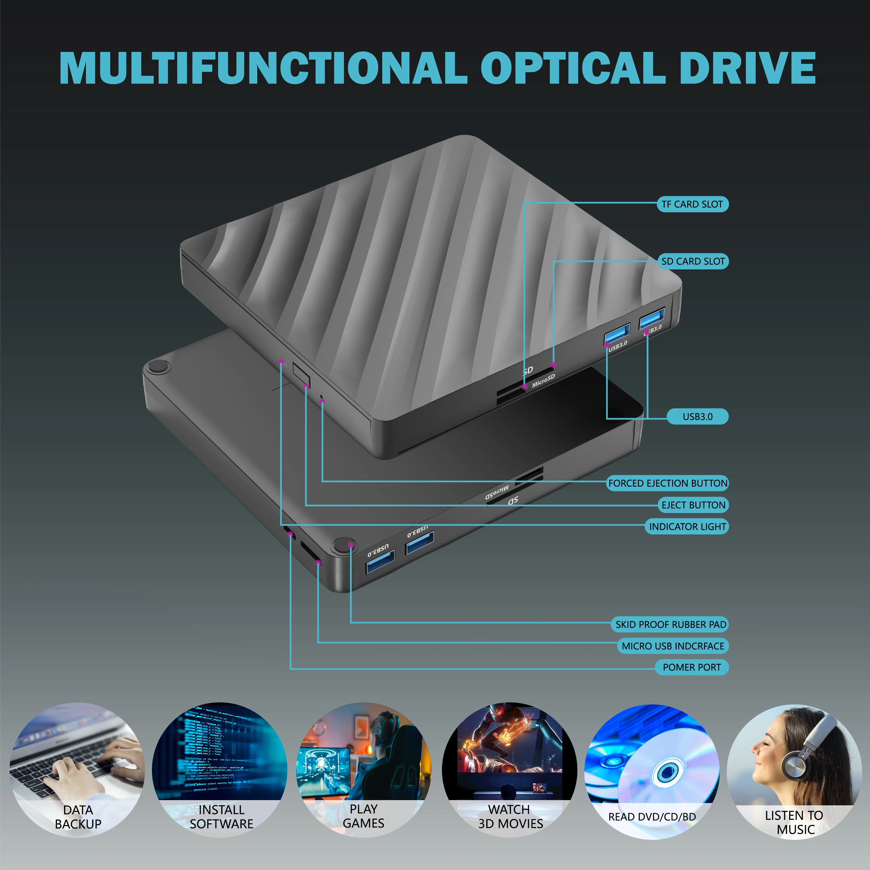 Multi-function external portable Blu-ray burning optical drive can burn cd/dcd/bd write cd/dvd support 50G bd disc read