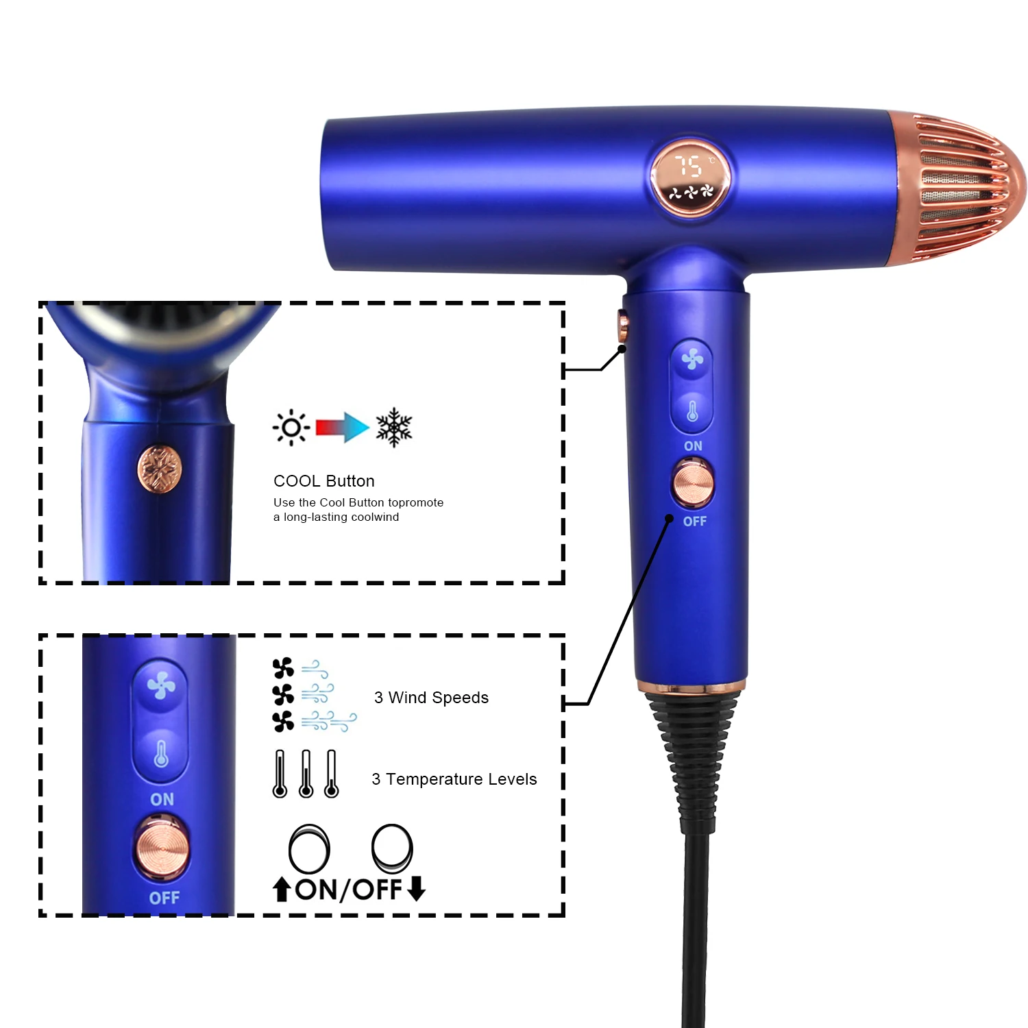 High speed 360 degree rotatable low noise hair dryer with 3 magnetic styling attachments for different hair types