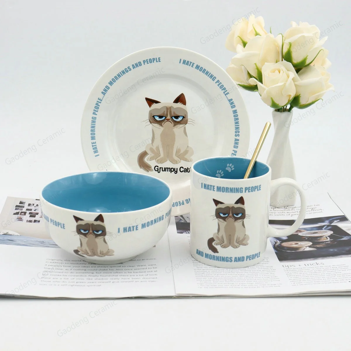 Cartoon cute cat fine ceramic tableware dinnerware household dishes set ins cute animal dinnerware set