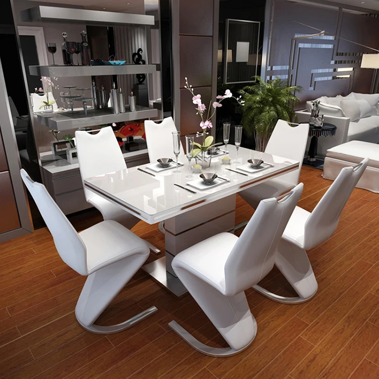 Hot selling Modern Style Wooden Painted Nesting Dinning room furniture Tempered glass Tables and chairs set  for 6 person