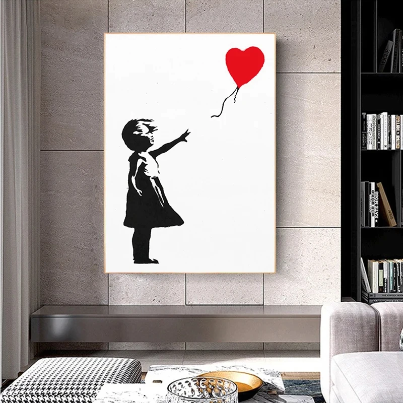 Modern Street Graffiti-Art-Canvas-Posters-and-Prints-Little-Girls-Chasing-Balloons Wall-Art-Pictures design drop shipping