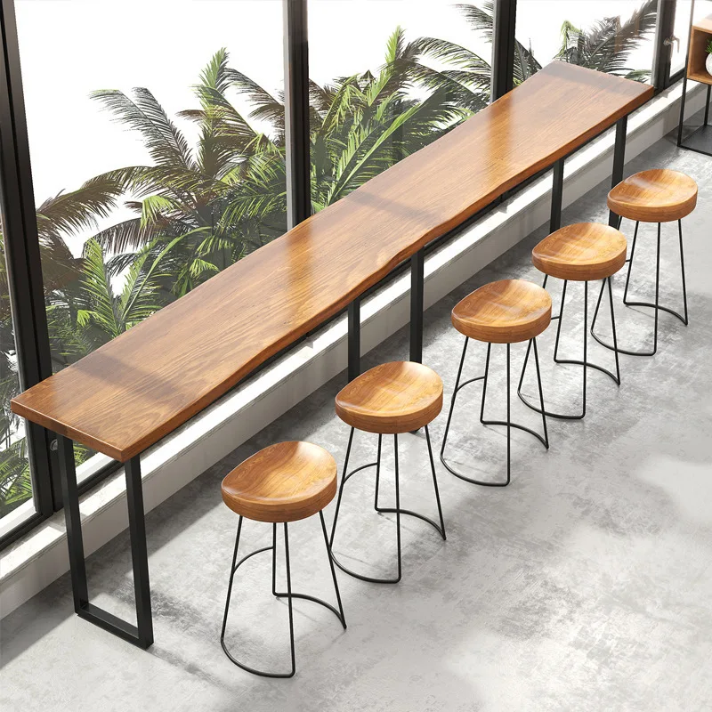 Hot selling commercial used restaurant furniture wooden chair metal leg high bar chair with wavy edge table