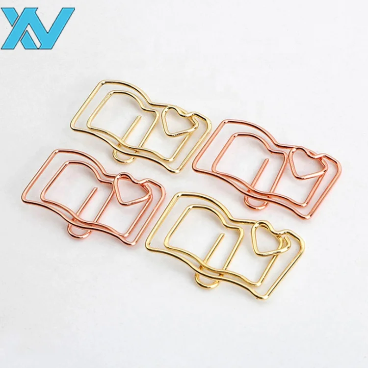 Golden color book shape paper metal clips office stationery.