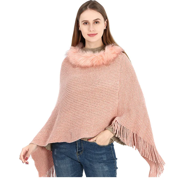 new scarf European American lady chenille poncho with fur collar winter keep warm sweater with Shiny yarn knit shawl for women