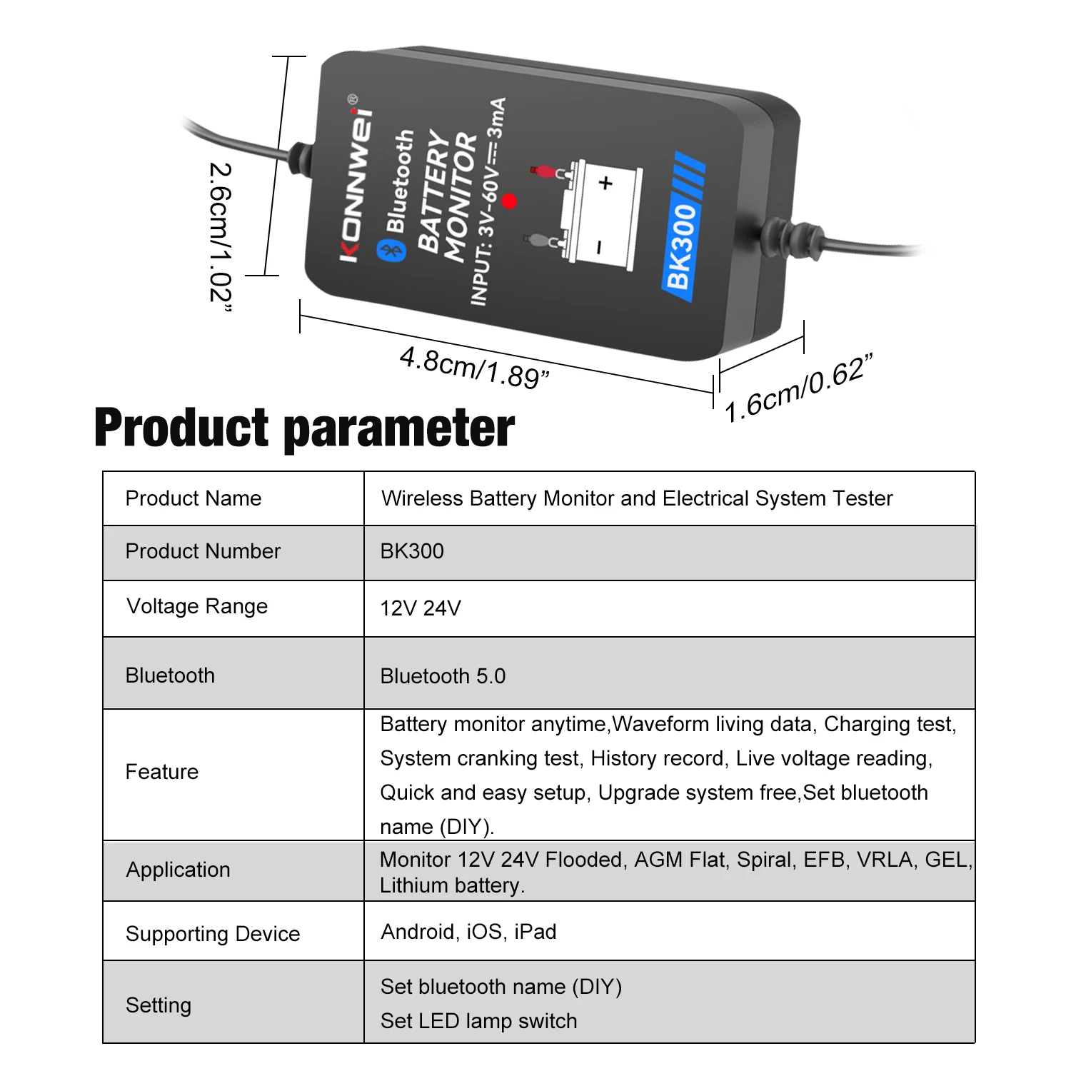 Smart  konnwei  BK300 BKmonitor Mobile APP 6V 12V 24V  Multifunctional Bluetooth Car Battery Monitor