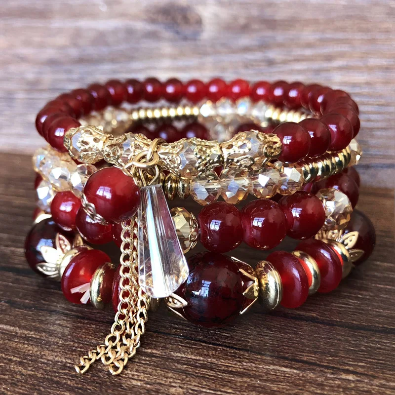 2024 Boho Multi layers 4pcs Set Elastic Rope Bracelets Crystal Bead Acrylic Bohemia Bracelet Girl Women Party Beach Jewelry