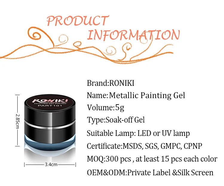 RONIKI 3D Carving Gel Private Label 3 Colors Metallic Painting Gel Polish for nail art