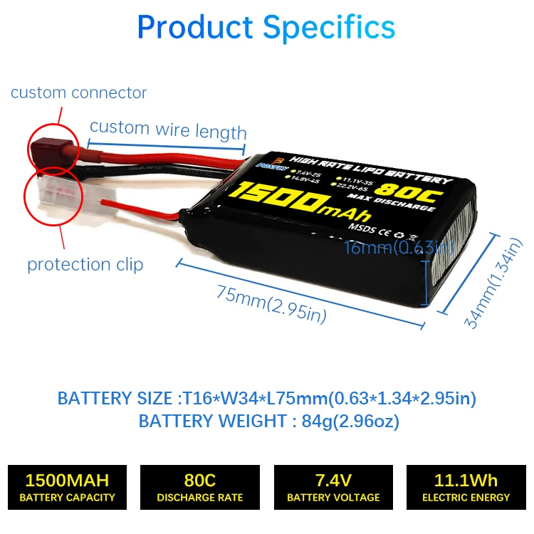 PONFLY 1500 мАч высокочастотный литий-полимерный аккумулятор 80C FPV 7 4 В 2S 803465 RC для хобби беспилотный автомобиль