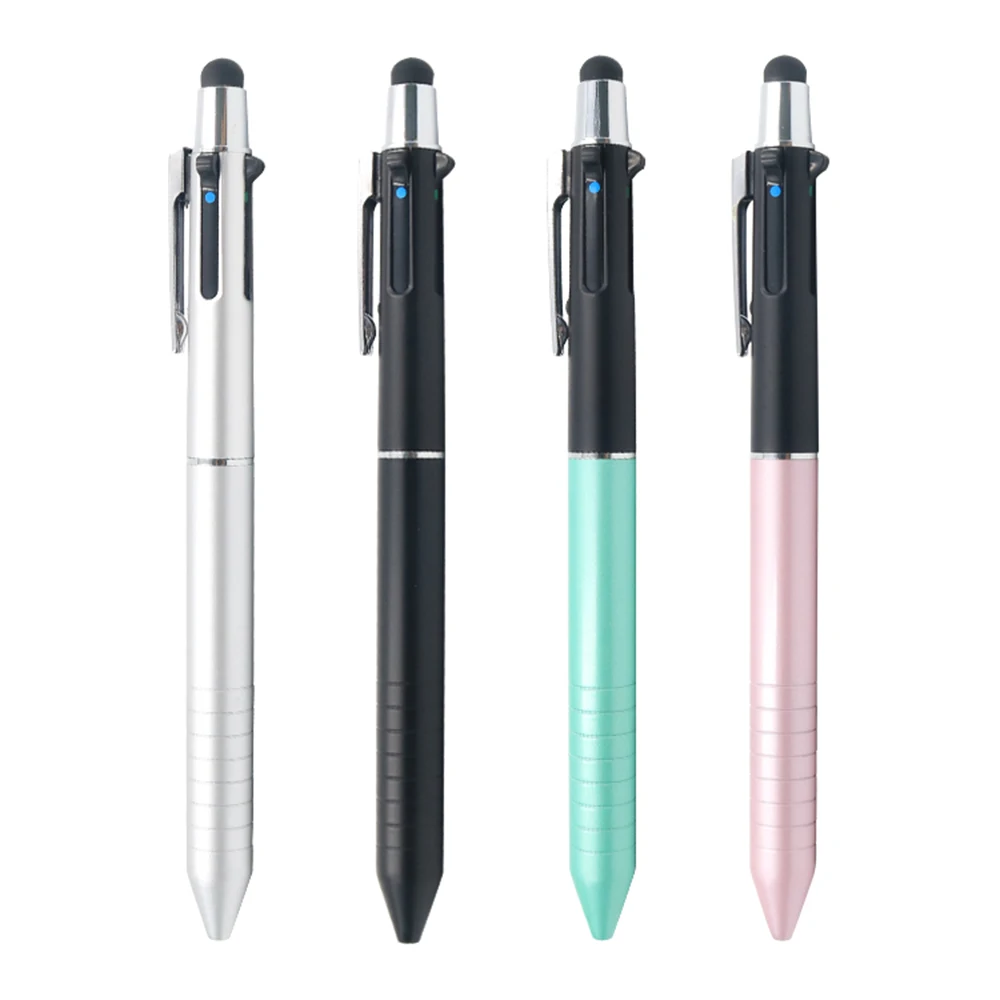 Hotsale low moq multi color pen with stylus 4 in 1 refills ballpoint pen custom laser engraved logo