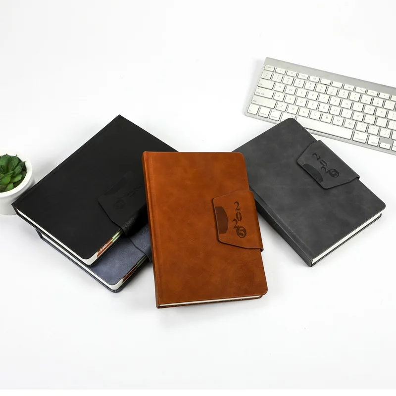 2025 English Imprinted Logo A5 Hard Cover Leather Magnetic Buckle personalized planner agenda Calendar teachers planner Notebook