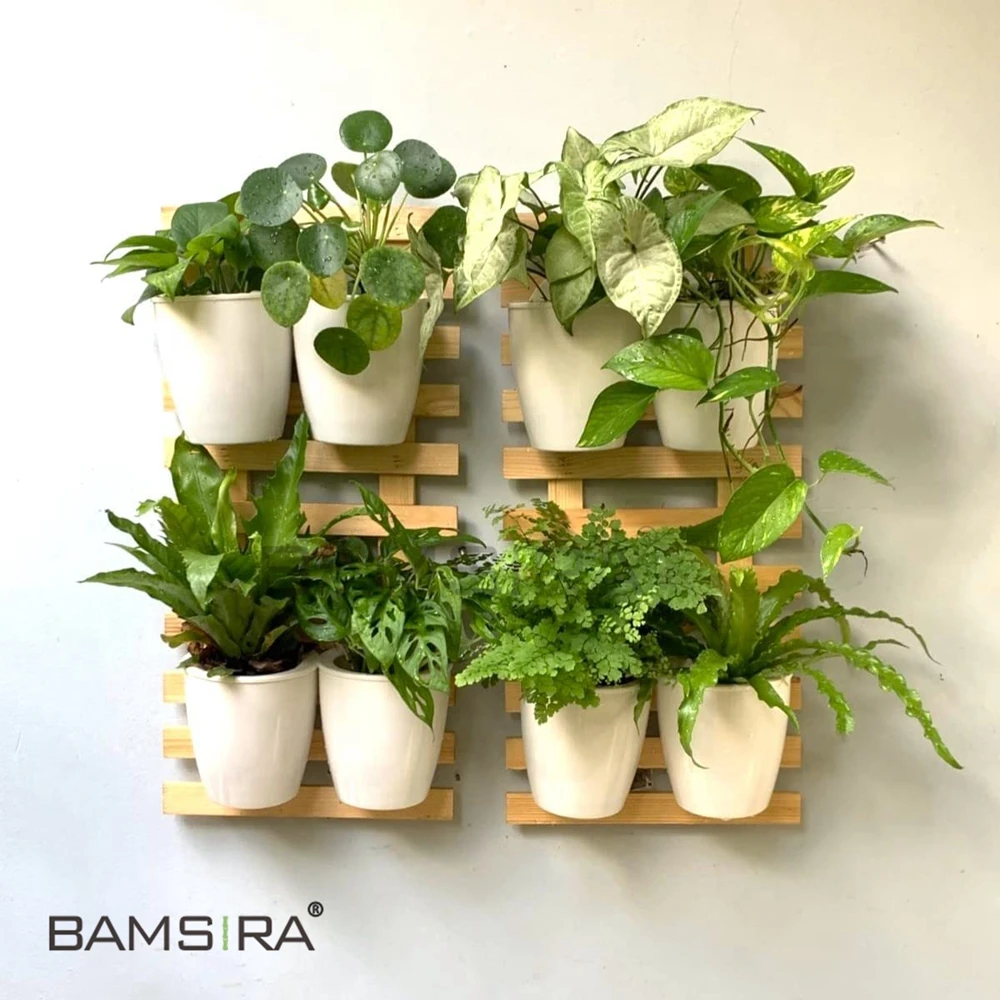 Vertical Balcony Garden Pots Wall Hanging Bamboo Wooden Fence Flower Planters for Indoor Outdoor