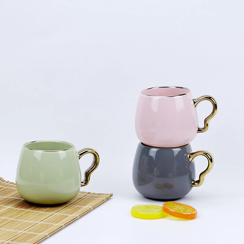 High quality Nordic design new bone china  embossed ball cup color glaze series golden rim and handle  coffee mug