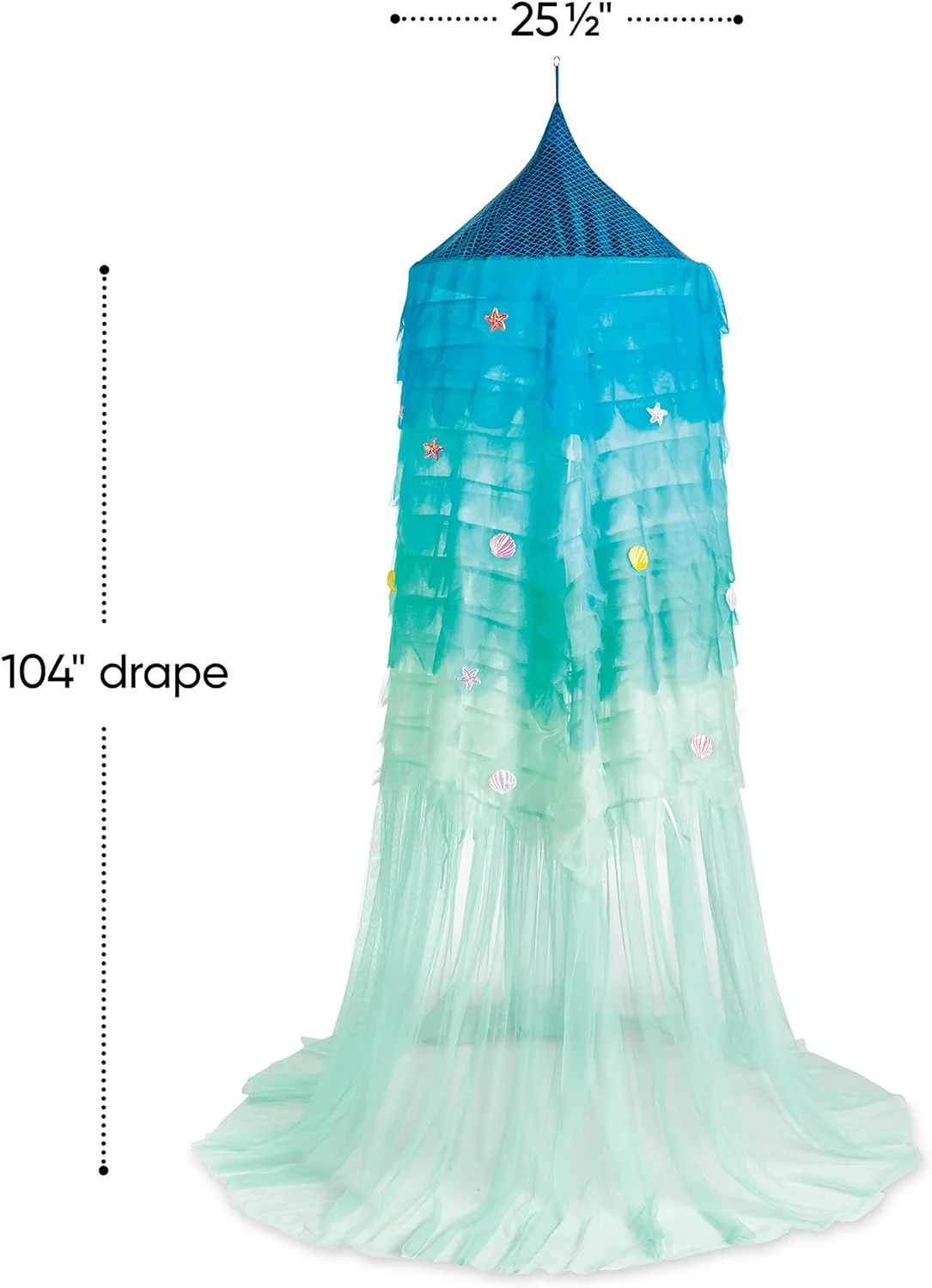 Mermaid Blue Scalloped Gauze Canopy, Indoor Mermaid Light-Up Canopy, Sewn-in LED Lights, 20 Stick-On Shells and Starfish