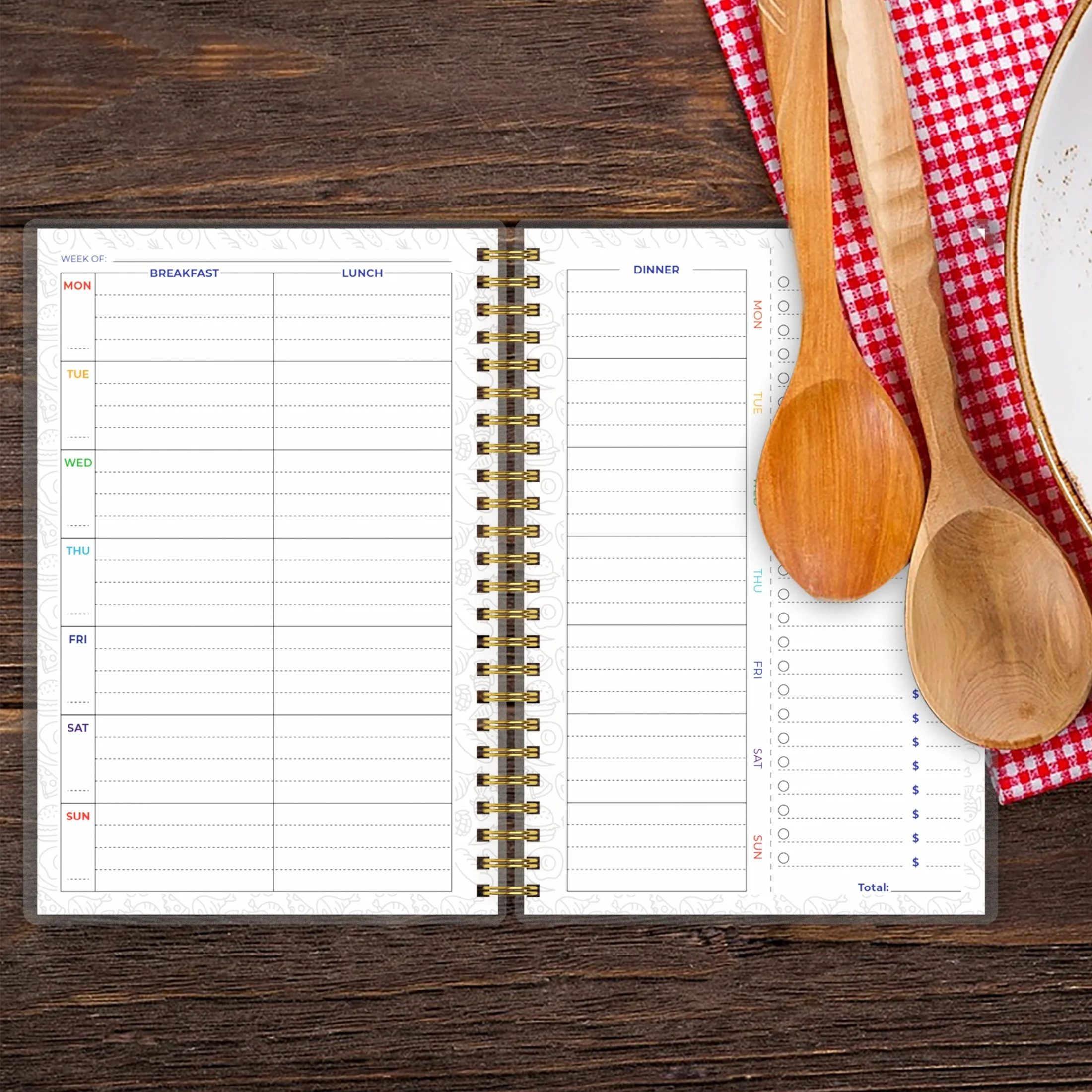 Undated A5 Spiral Weekly & Daily Meal Planner Notebook Journal with Shopping and Grocery Lists for Menu Planning Meal Tracker