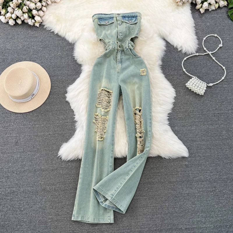 Summer Retro Tube Midriff Outfit Ladies Jumpsuit Casual High Waist Slimming Bodysuits Wide-Leg Jeans Jumpsuit for Women