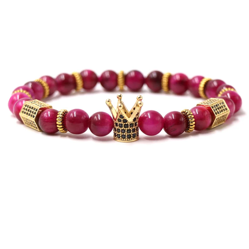 Classic Micro Pave CZ Crown Charm Bracelet For Women Natural Tiger eye Howlite Stone Bracelet For Men Gift Jewelry