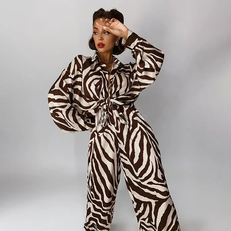 New Product 2022 Spring V Neck Long Sleeve Blouse 2 Piece Sets Zebra Print High Waist Wide Leg Pants Set Women