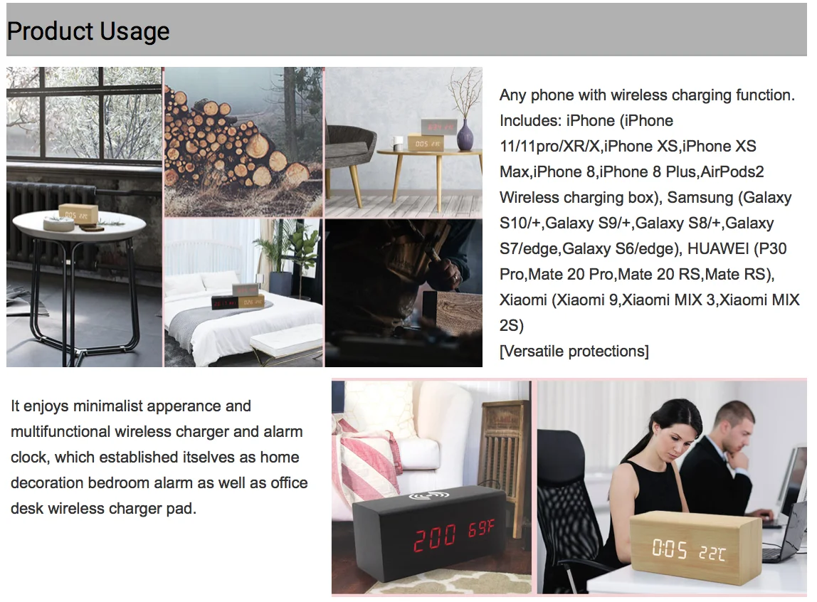 Hot Sale Wooden Wireless Charger Alarm Clock Qi Wireless Charger Pad Fast Charger