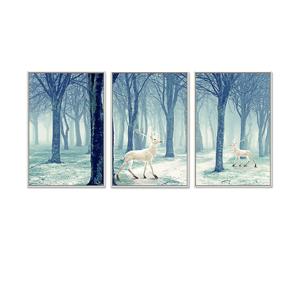 Leaves Wall Painting Framed Art for Home Decor Large Canvas Green Wood DX CMYK Wall Deco 3 Piece/set White 1mm Thick DXBD-479