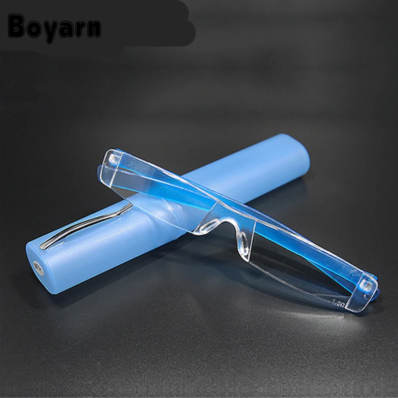 Rimless Reading Glasses Women Men Resin Clear Lens Eyeglasses Portable Pen Tube Presbyopia Glasses with Case +1.0 +4.0
