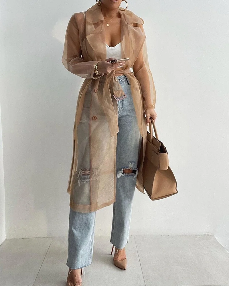 LW new product ideas 2022 modest organza fabric spring solid color loose jacket long cardigan sexy top for women blouses shirts