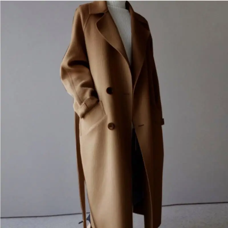 2022 Factory New Arrival Autumn Winter Solid Color Korean Loose Wool Coats Women Long Trench Coat