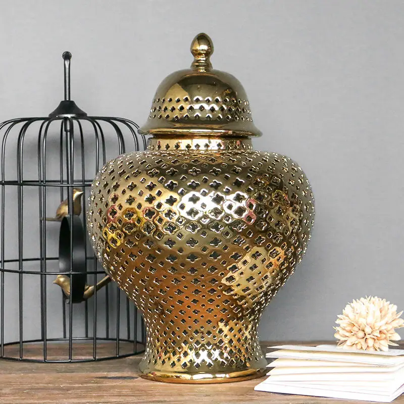Hot Sale Hollow Out Large White Ginger Jar Vase Porcelain Gold Silver for Home Decor Ceramic &