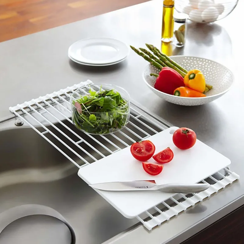 Wrought Iron Folding Sink Drain Rack for Kitchen Sink Drain Curtain Vegetable and Fruit Dishes Storage Rack
